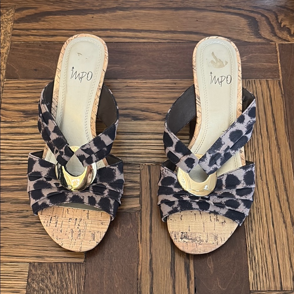 IMPO Cheetah Print Renita Memory Foam Low Heel Size 6.5 M Cork Wedge Sandals